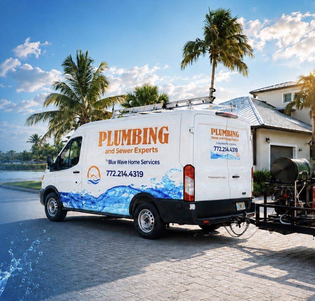 Blue Wave Home Services plumbing van and jetting trailer in a Palm City, FL driveway
